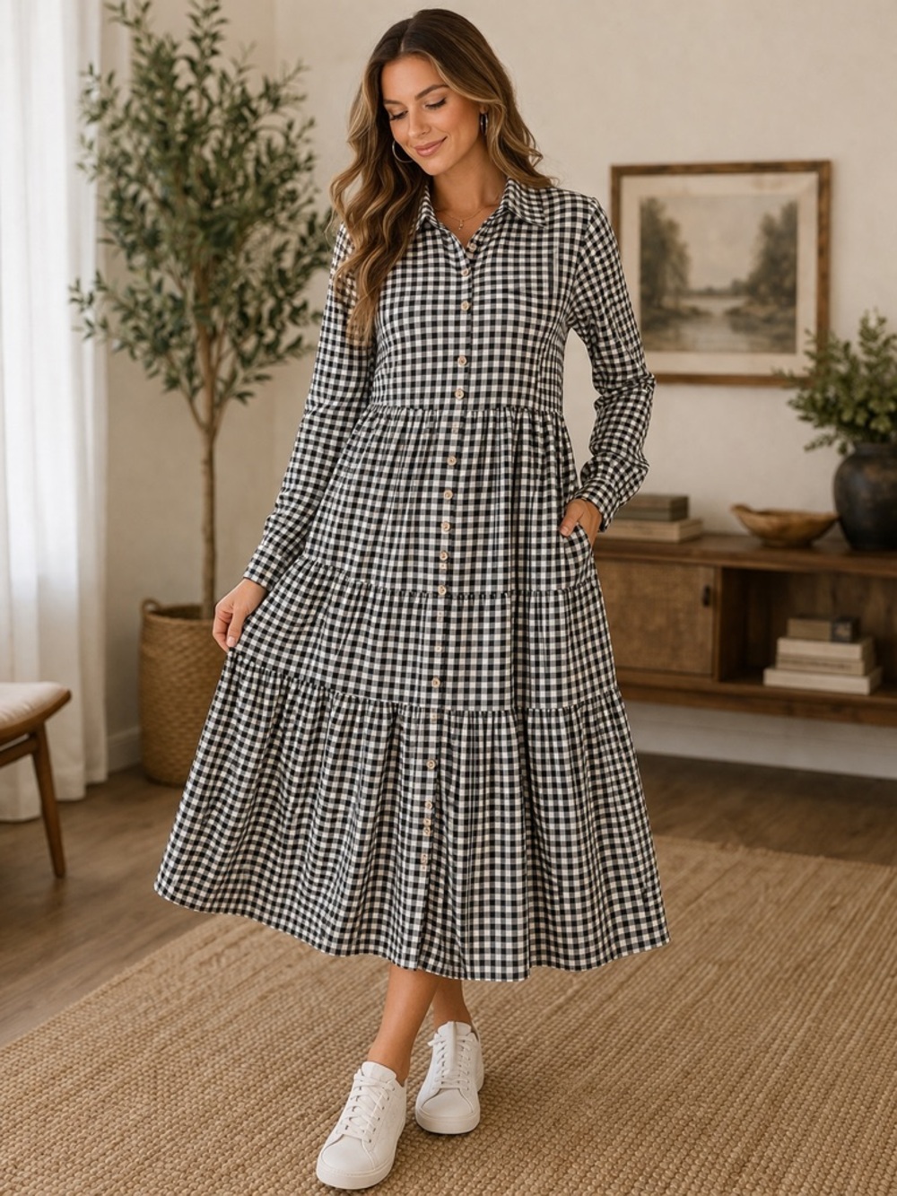 Black White Gingham Tiered Shirt Dress Women Medium Button Front Long Sleeve